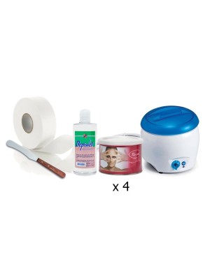 Kit depilazione Corpo: Scaldacera a vaso + 4x cere da 400ml + spatola stendicera + rotolo strappa cera + olio dopocera