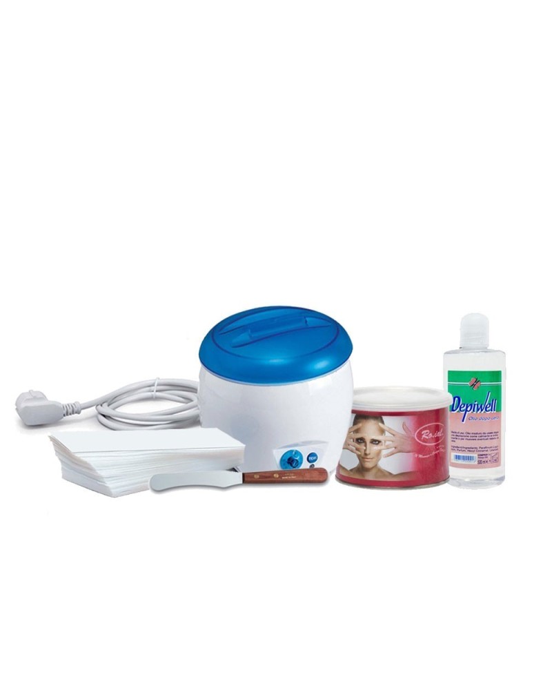 Kit corpo depilazione Scaldacera+Cera vaso 400ml+Strisce epilazione+Olio dopocera+Spatola in legno