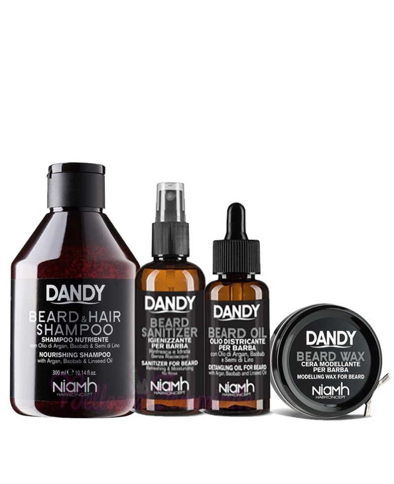 KIT BARBA PROFESSIONALE NIAMH DANDY SHAMPOO 300ML + IGIENIZZANTE 100ML + OLIO 70ML + CERA 50ML + PETTINE