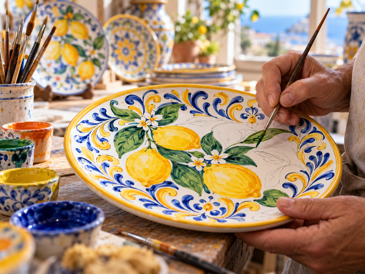 Le mani di un artigiano dipingono un piatto in ceramica di Vietri